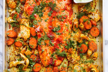 Sheet Pan Harissa Salmon + Roasted Veggies with Cashew Crema