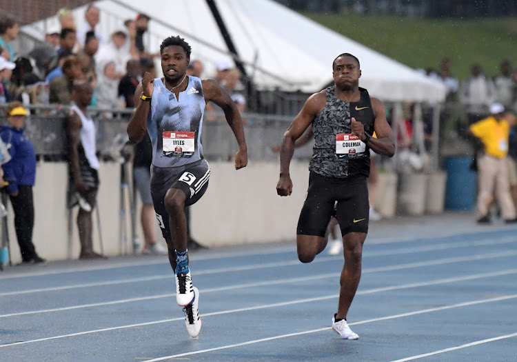 Noah Lyles (left) defeats Christian Coleman to win the 200m in July 2019 in Des Moines in the US.