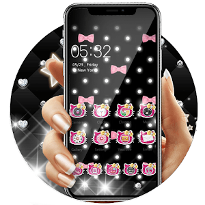 Download Pink Black Glitter Kitty Bowknot Theme For PC Windows and Mac