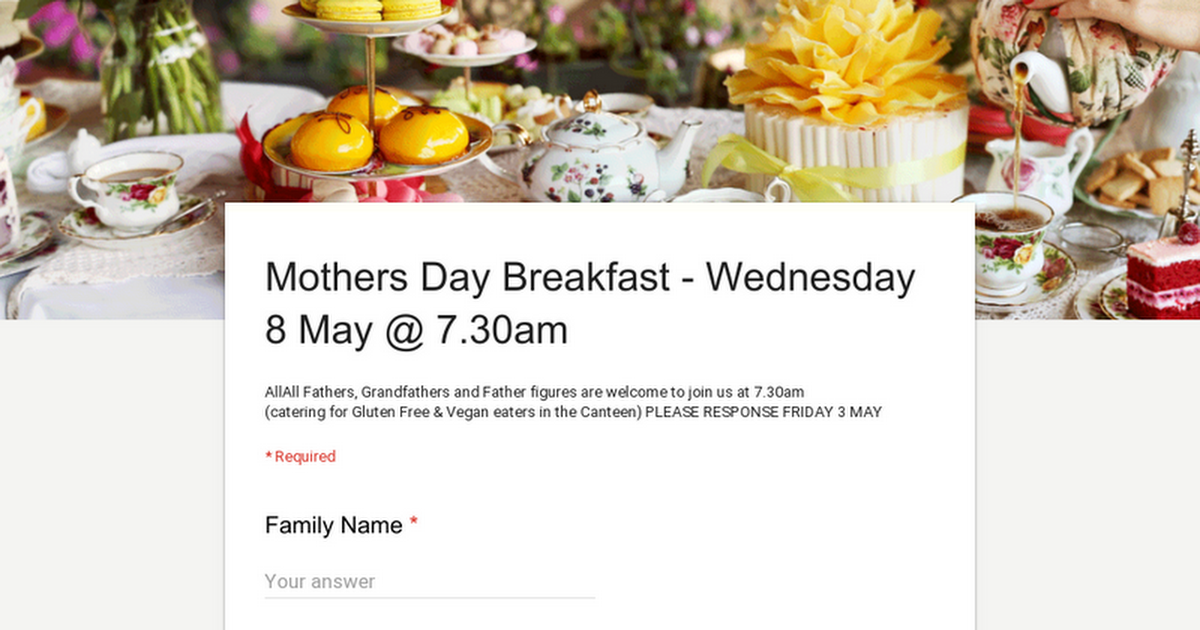 Mothers Day Breakfast - Wednesday 8 May @ 7.30am