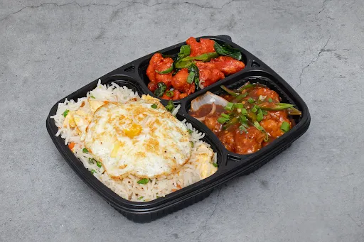 Egg Fried Rice With Chicken 65 And Chilli Chicken Gravy