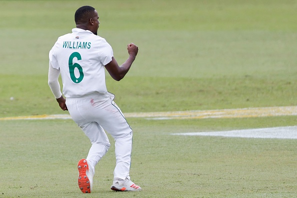 South Africa's Lizaad Williams celebrates the dismissal of Bangladesh's Litton Das during the third day of the first Test cricket against Bangladesh at the Kingsmead Stadium in Durban.