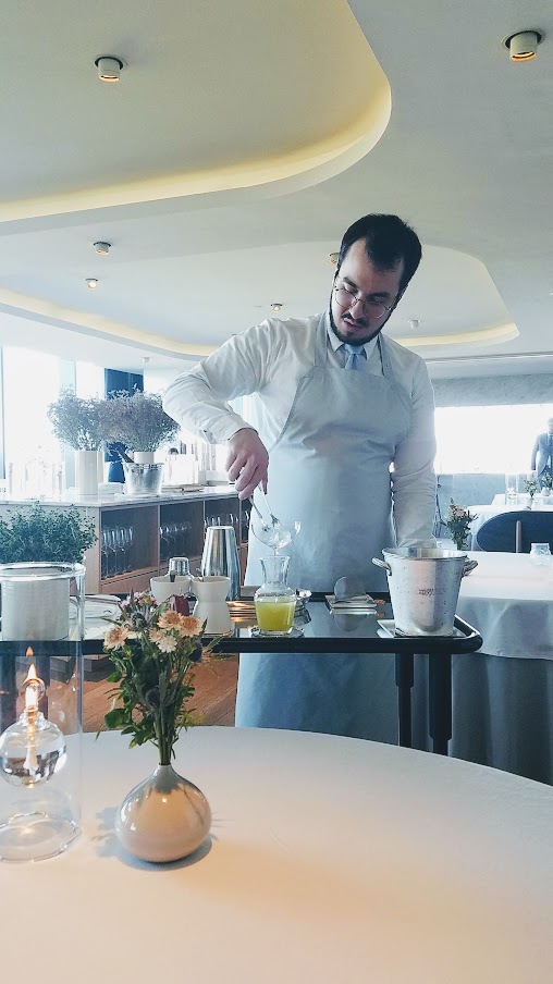 Juice pairing of Green Apple and Lemon Thyme at Geranium, a three Michelin star restaurant in Copenhagen