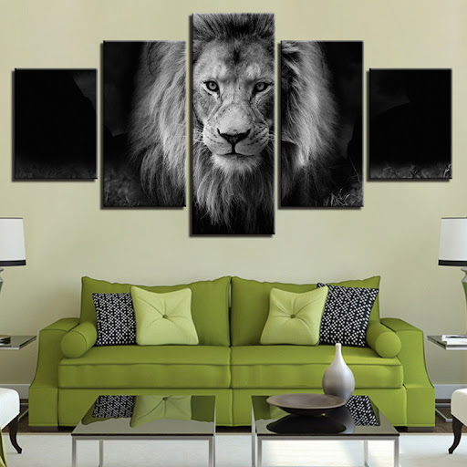 Title 4, Black and white lion painting for bold decor. A...
