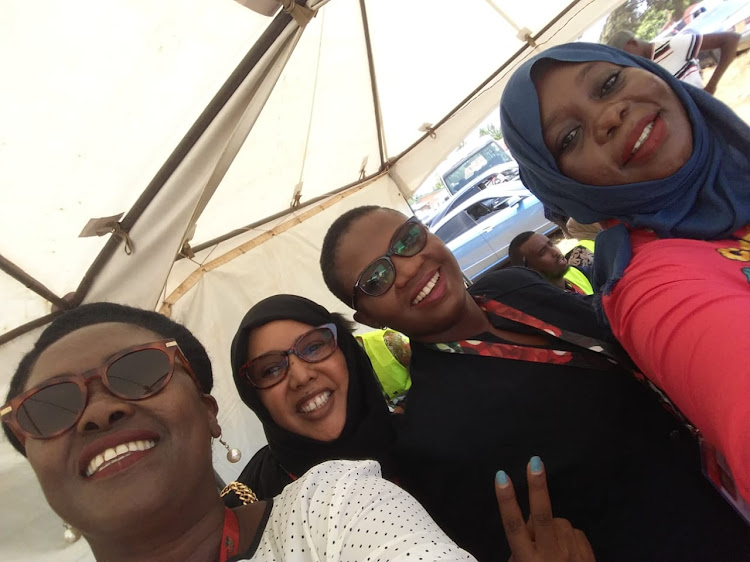 MCAs Milka Moraa (nominated), Hamida Nur (nominated), Faith Mwende (Kipevu) and Fatma Kushe (nominated) outside the assembly buildings in Mombasa.