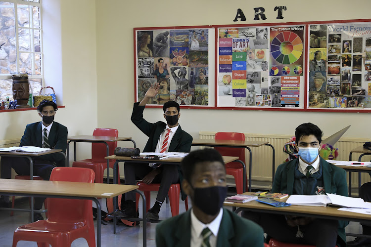 Learners in class at Greenside High in Johannesburg. The school opened with strict safety measures in place to keep children and staff safe amid the coronavirus outbreak.