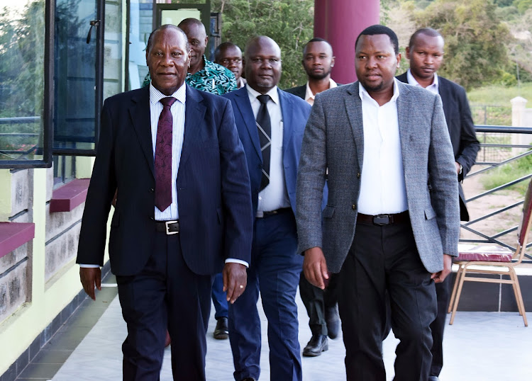 Kitui Governor Julius Malombe, the deputy Governor Augustine Kanani and Kitui Assembly speaker Kevin Katisya and other leaders arrive for the consultative meeting that ended at Mutomo on Wednesday.