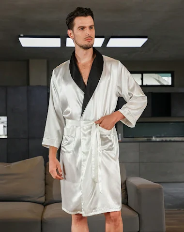 Men's Summer Silk Bathrobe Nightgow - 3