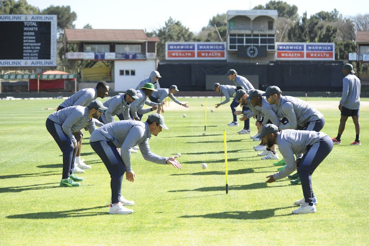 Proteas warmups and drills during the South Africa men's national cricket team training session at Mangaung Oval