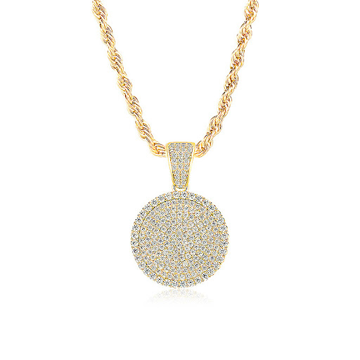 Title 2, Full Diamond Round Cake Pendant Gold Necklace M...