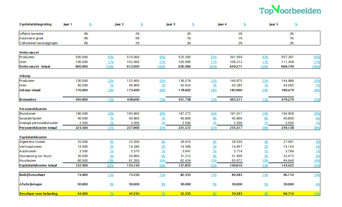 Financieel plan Excel