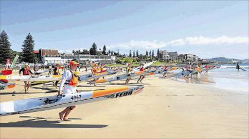 GUNNING AHEAD: Competitors in the singles of the annual Pete Marlin downwind Surfski race set off from Orient Beach on Saturday morning