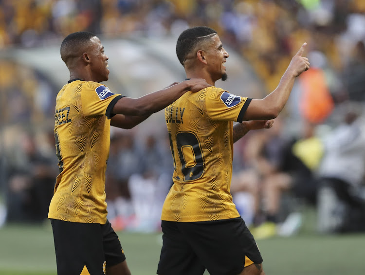 Keagan Dolly of Kaizer Chiefs celebrates goal with teammates Ashley Du Preez during their DStv Premiership win over Stellenbosch at Soccer City on 01 April 202.