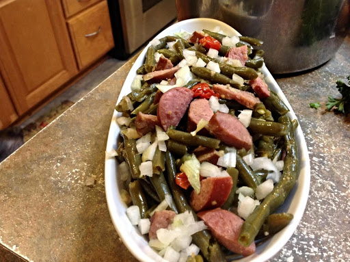 Fresh Green Beans with Turkey Kielbasa Tomatoes and Onions