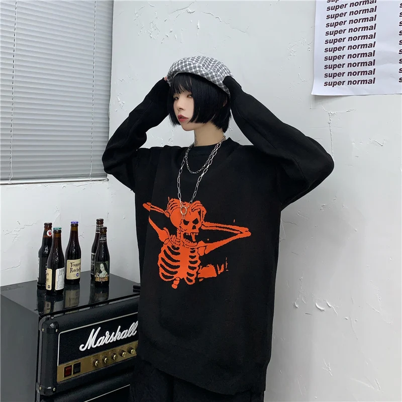 Suéter de tricô jacquard com cabeça craniana Qiu Dong Harajuku Person