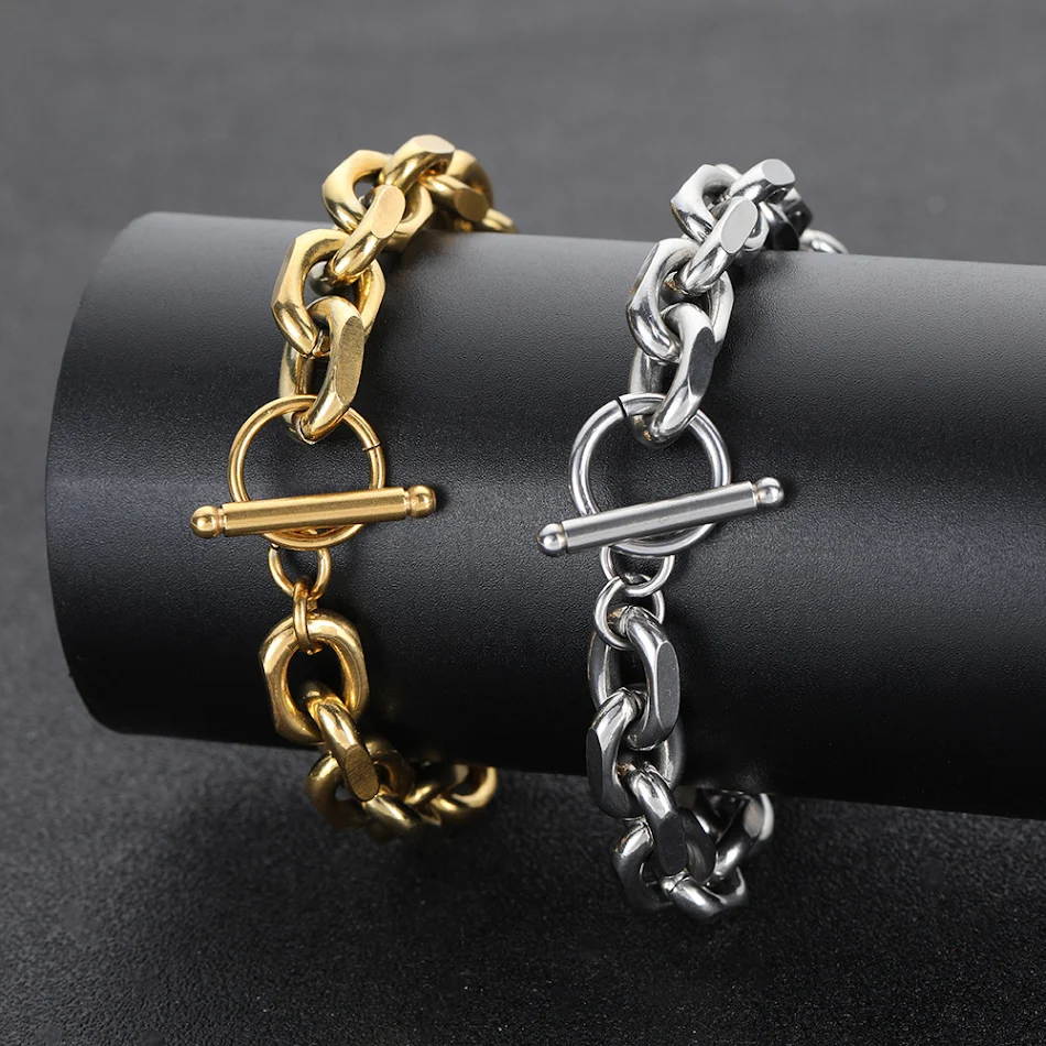 Bracelet homme chaîne croix acier titane hip-hop électroplaqué, forme O, pour un style unique, robuste et une touche tendance.