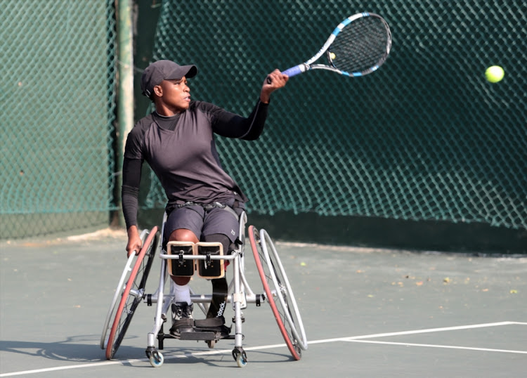 Kgothatso Montjane of South Africa in action in the semifinals of the womens singles during day 3 of the Wheelchair Tennis Joburg Open at the Arthur Ashe Tennis Centre.