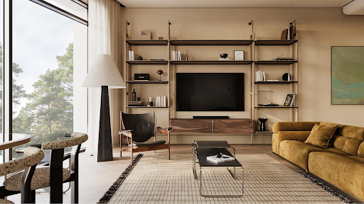 Modern living room with yellow sofa and shelves - Buy this luxury apartment / penthouse in Jūrmala, 3 bedrooms
