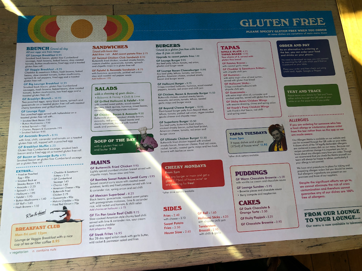 Lounge gluten-free menu