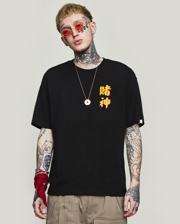INF Men's Wear Spring And Summer New Fashion Brand Chinese Character Restoration Gambling God Oversize Men's Short Sleev