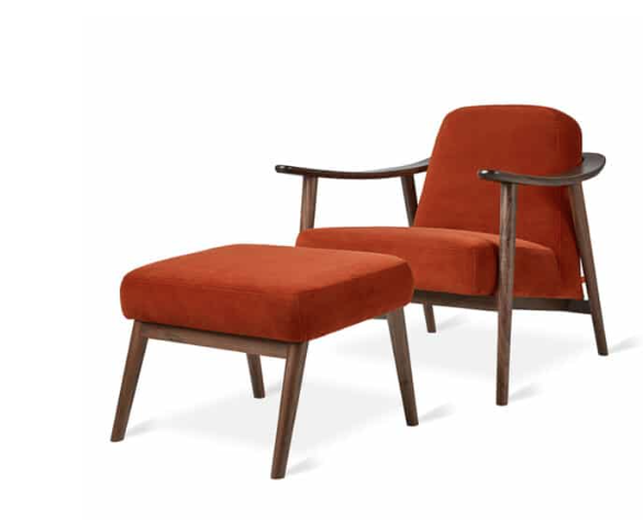 new mid mod design chair and ottoman in burnt orange color