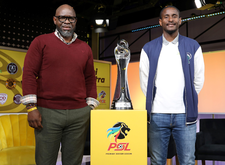 Moroka Swallows coach Steve Komphela, left, with Mamelodi Sundowns coach Rulani Mokwena during the 2023 MTN8 launch at SuperSport Studios in Johannesburg on the August 10 2023.