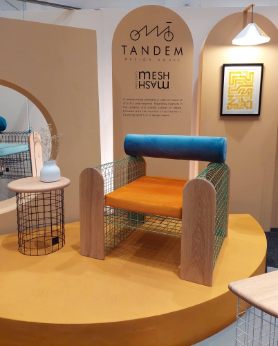 Tandem’s new Mesh Mash collection of mesh armchairs and tables.