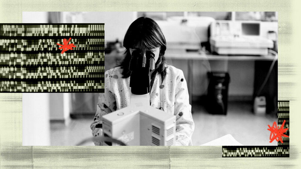 collage of sequencing and researcher looking through a microscope