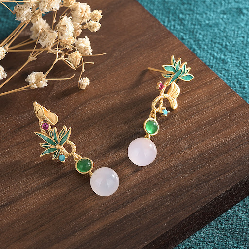 Title 3, Asymmetric Lotus Natural Chalcedony Earrings. E...