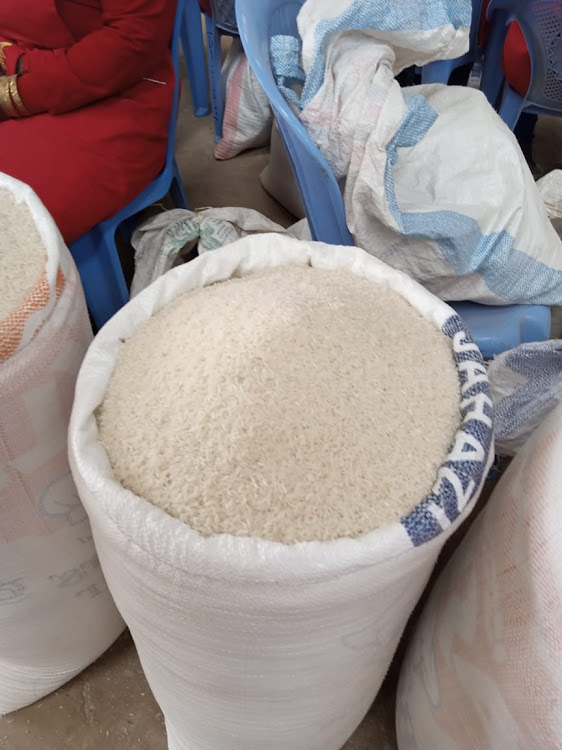 A sack of rice in a rice market at Mwea town.