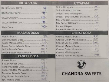 Sri Chandra Sweets menu 