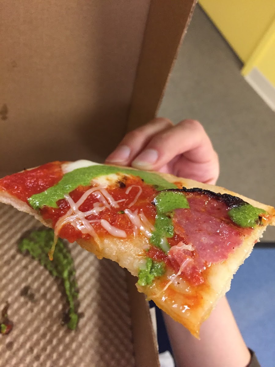 Personally I still got sick from cross contamination here but if you are not celiac, here is the new gf dough- bigger pizza than the old one, tasted good to me.
