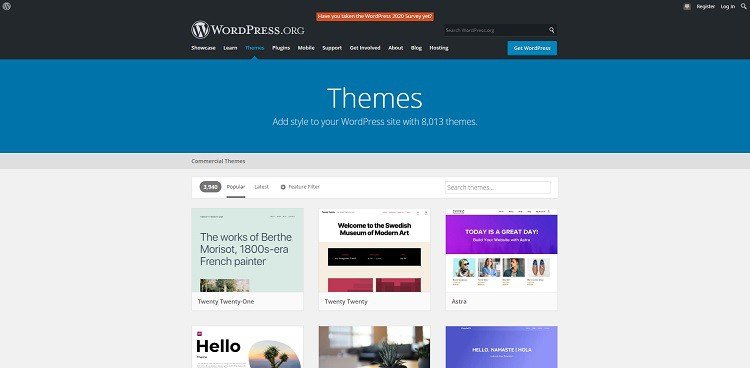 WordPress.org tema envanter sayfası