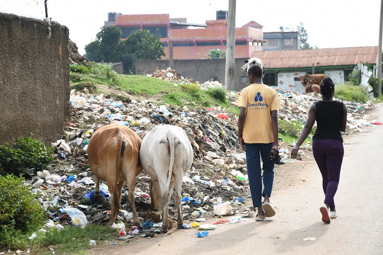 A boy and a girl walk past a dumpsite full of the banned plastic bags in Malaba town on September 24, 2022. Nema said those arrested with plastic bags will be prosecuted.