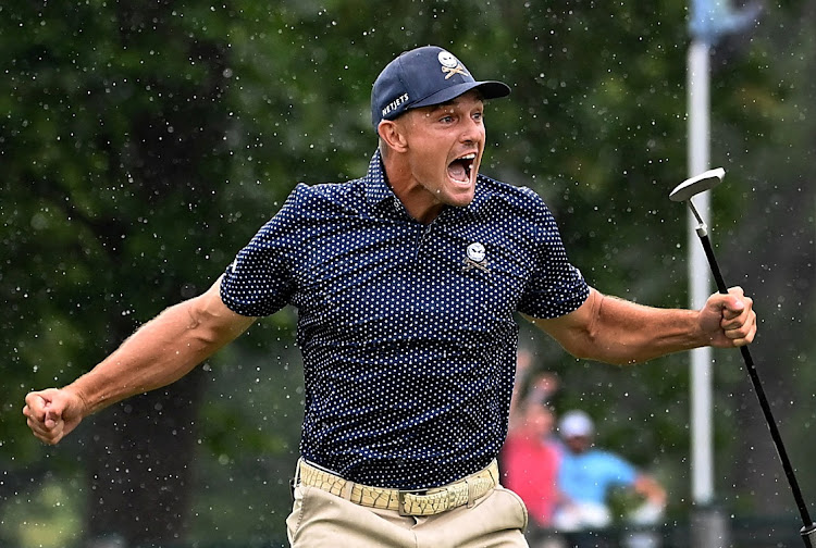 Bryson DeChambeau celebrates after shooting a record 58 during the final round of the LIV Golf event at The Old White Course, White Sulphur Springs, West Virginia, on Sunday. Picture: Bob Donnan/USA TODAY Sports