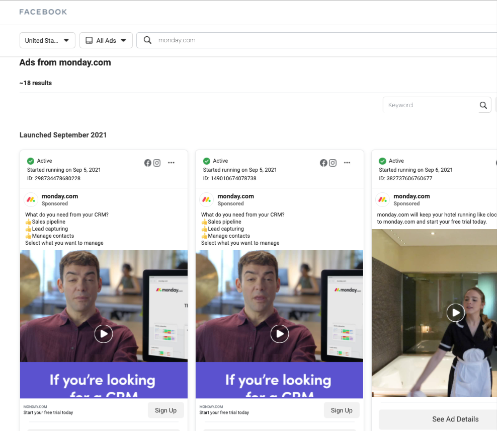Sample of ads that show up for query: monday.com.