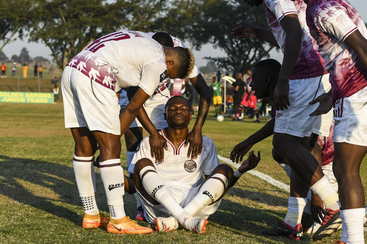 Moroka Swallows' Tshegofatso Mabasa celebrates scoring in their DStv Premiership match against Golden Arrows at Mpumalanga Stadium in Hammarsdale, outside Durban on August 5 2023.