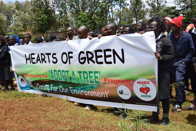 Karatina Vocational Training Institute students carry the Heart of Green banner during the launch of Adopt a Tree programme on Friday.