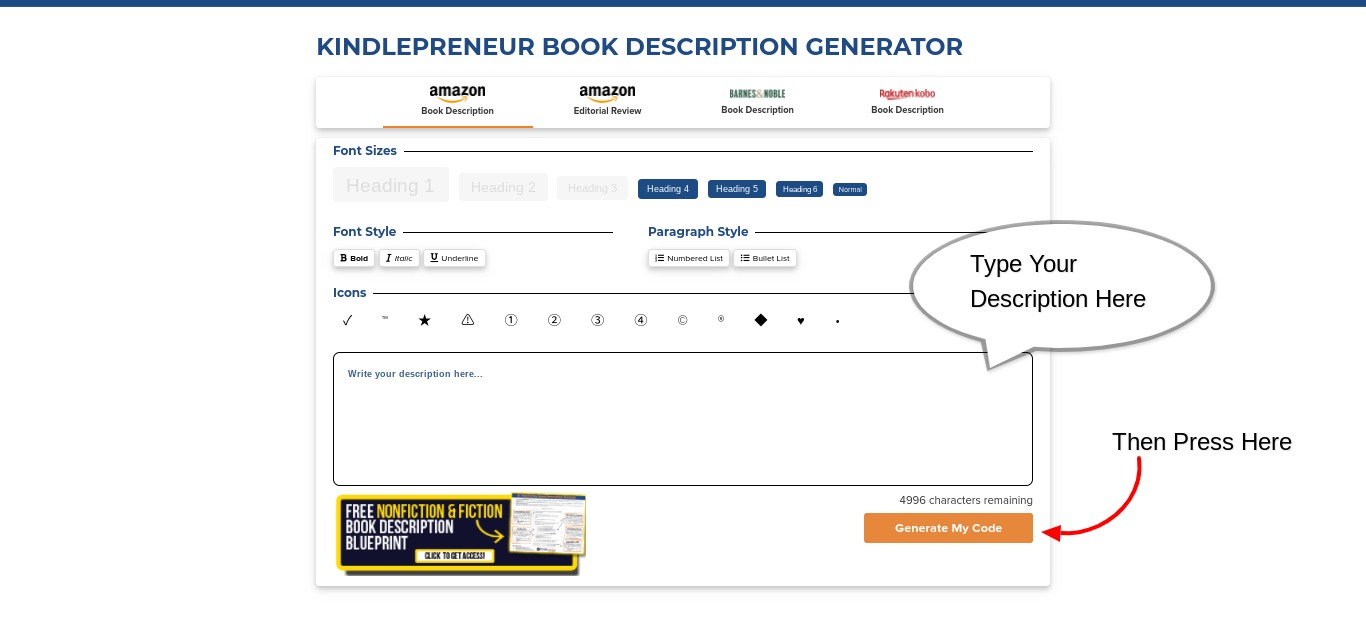 Kindlepreneur Free  Book Description Generator