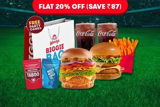 Flat 20% Off On 2 Premium Veg Burgers + Fries + 2 Beverages
