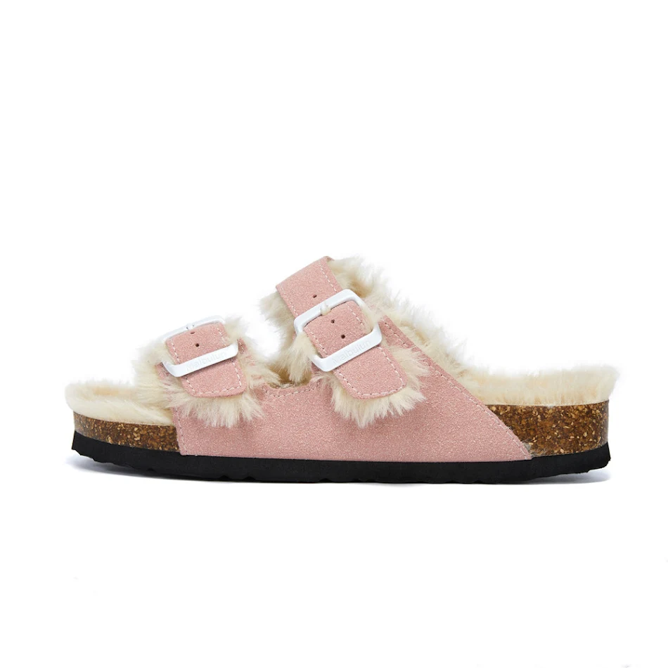 Zapatillas Boken de cuero esmerilado con suela plana de felpa para otoño e invierno. Comodidad y calidez con diseño elegante.