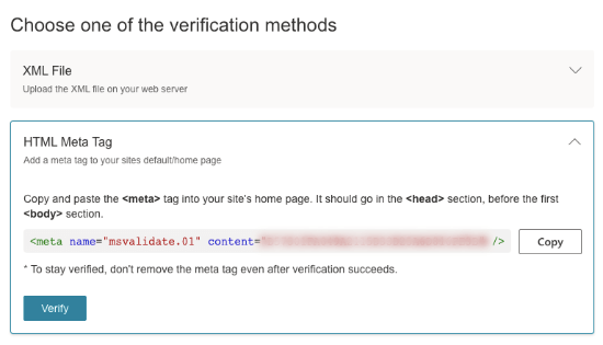 Copie a metatag para verificar o site na Ferramenta de Webmasters do Bing