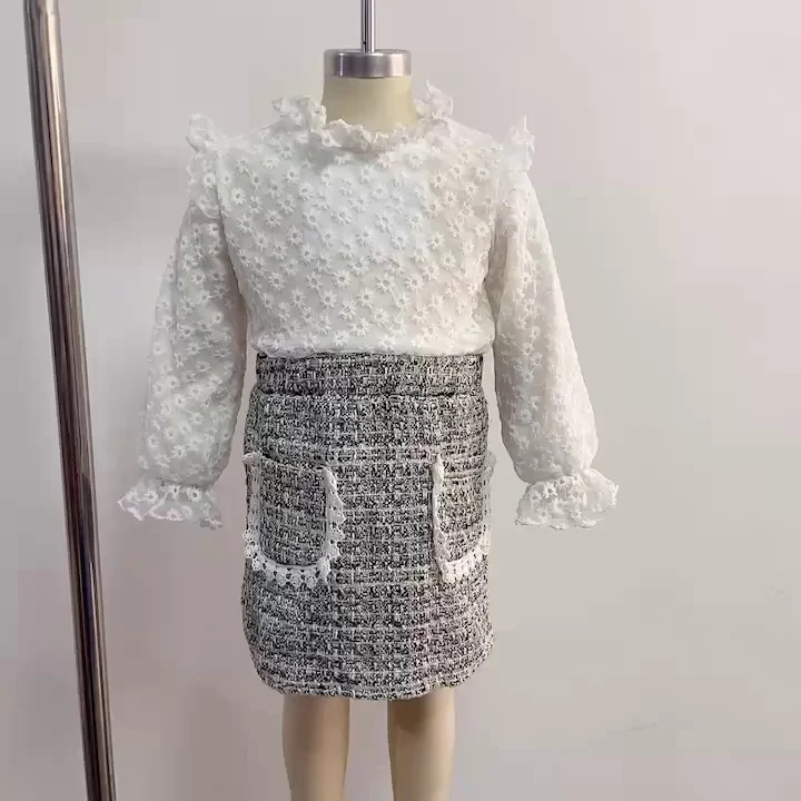 Meisjes Kanten Top & Hondenvoet Rok Set Stijlvolle set voor meisjes, ideaal voor speciale gelegenheden. Comfortabel en elegant, perfecte outfit.