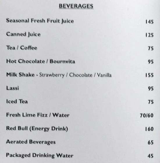 Sky Lounge menu 