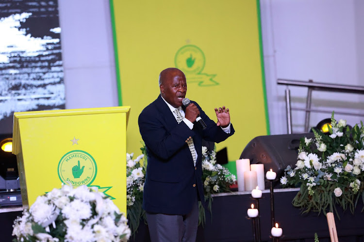 Former Kaizer Chiefs spin doctor Louis 'Sprinter' Tshakoane speaks at Mamelodi Sundowns' communications manager, Alex 'Goldfinger' Shakoane's funeral held at Mamelodi International Assemblies Of God Church. He was arrested after delivering the speech.