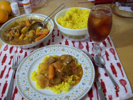 Quality Beef Stew over Saffron Rice; with good ole Southern Ice Tea!