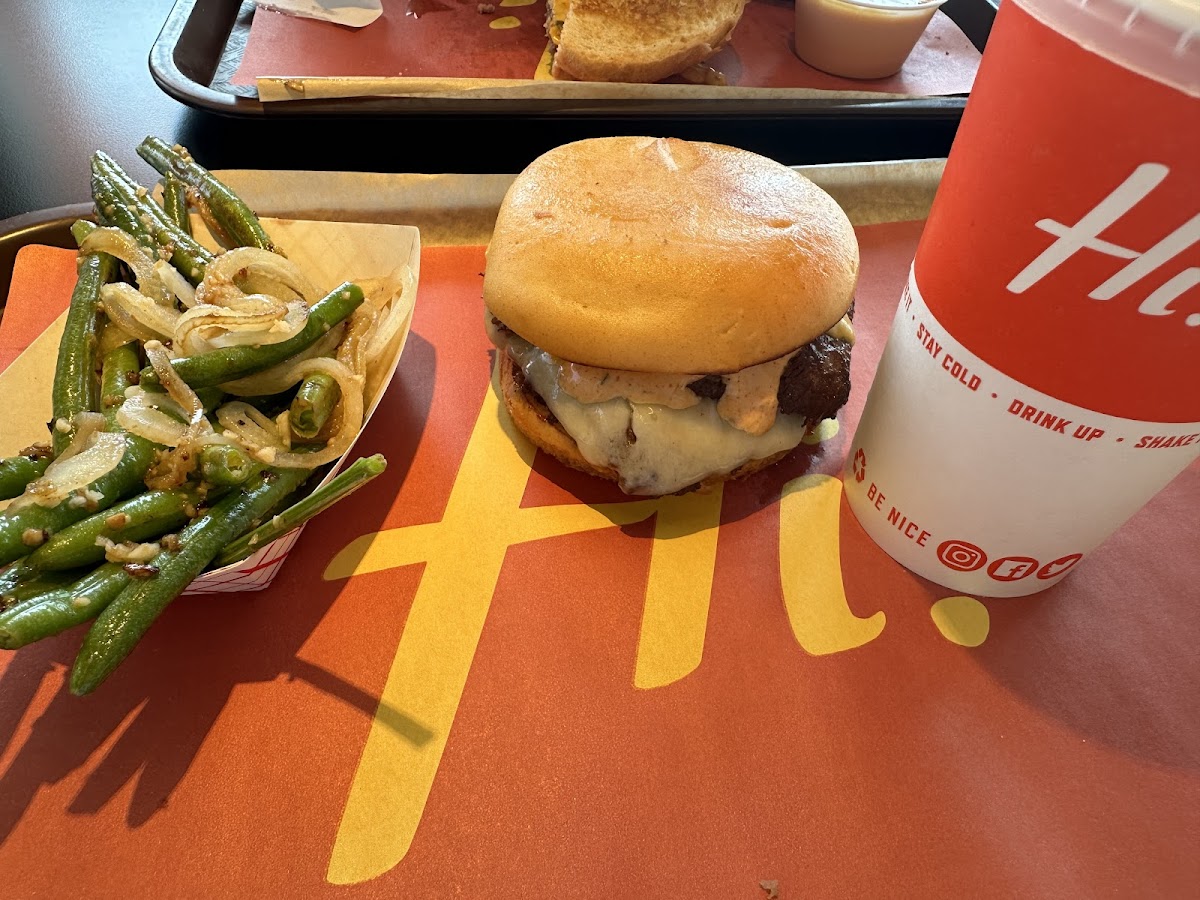 Frisco burger on GF bun with green beans and onions