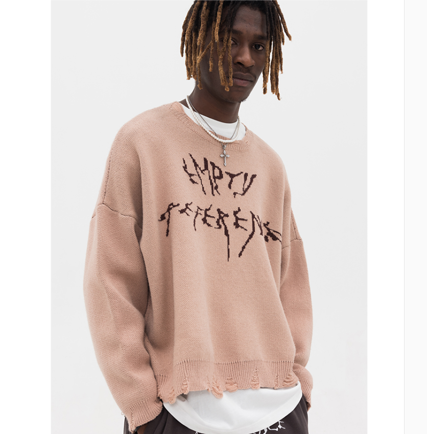 Camel round neck ruined long-sleeved jacquard sweater