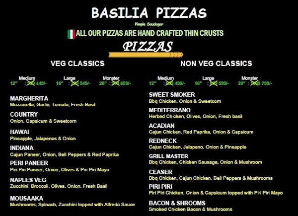 Basilia Pizza menu 