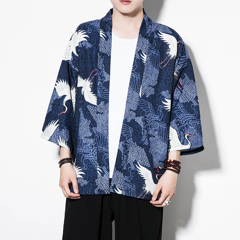  New Summer Men's Casual Loose Chinese Style Ice Silk Kimono Cardigan Thin Half-Sleeved Road Robe Sunscreen Clothing